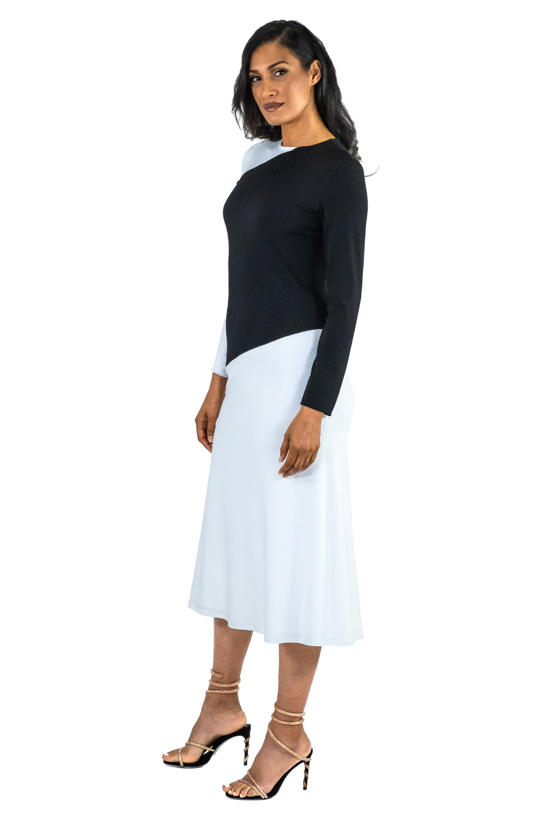 Contrast Top &amp; One Sleeve Calf Length Fully Line Dress
