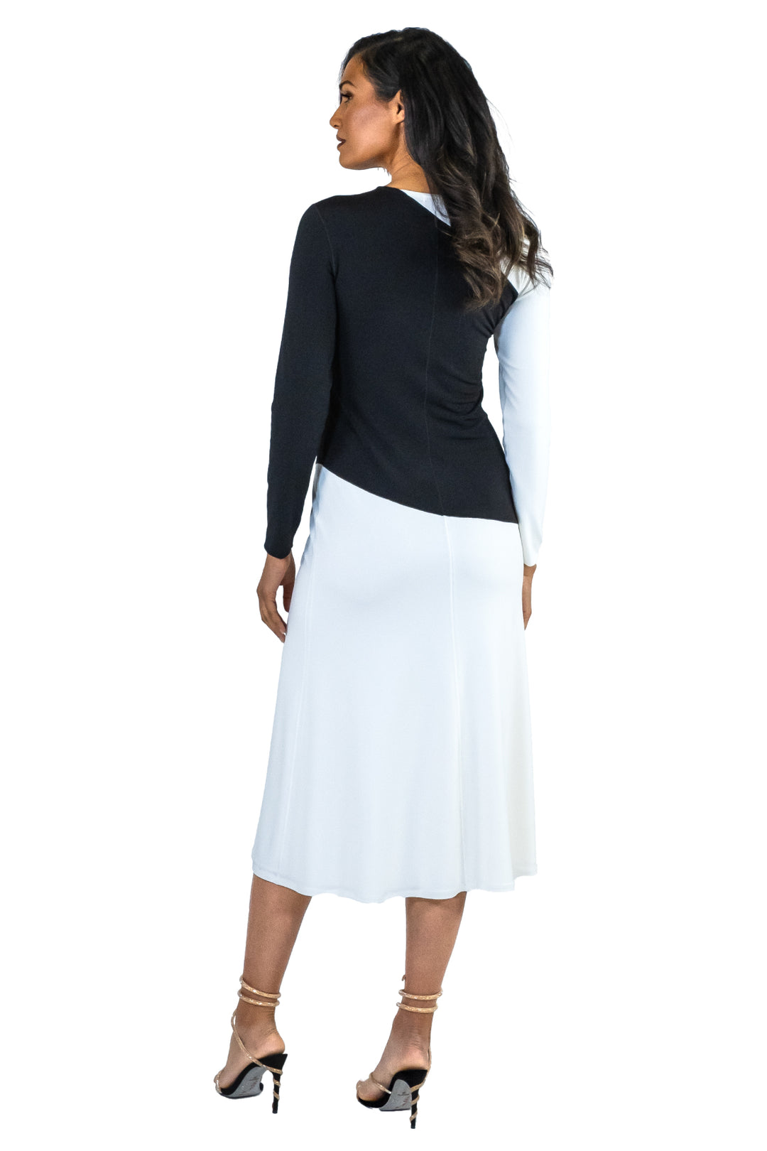 Contrast Top &amp; One Sleeve Calf Length Fully Line Dress