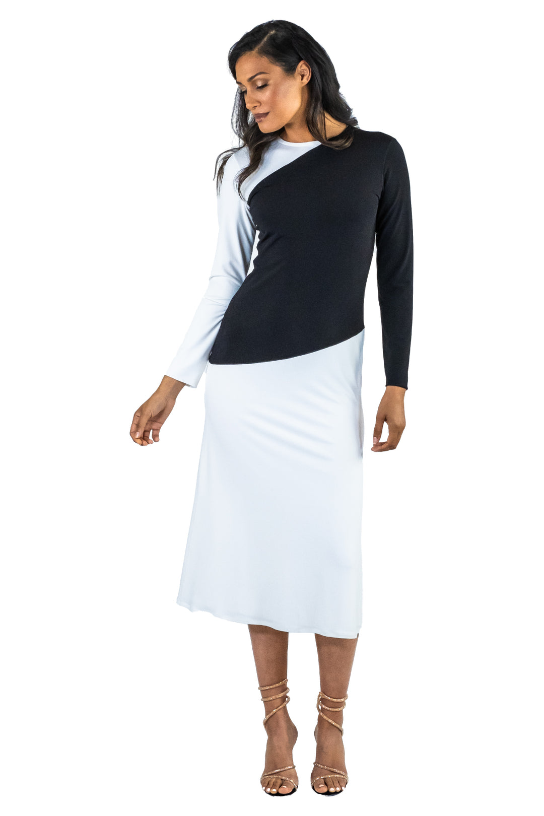 Contrast Top &amp; One Sleeve Calf Length Fully Line Dress
