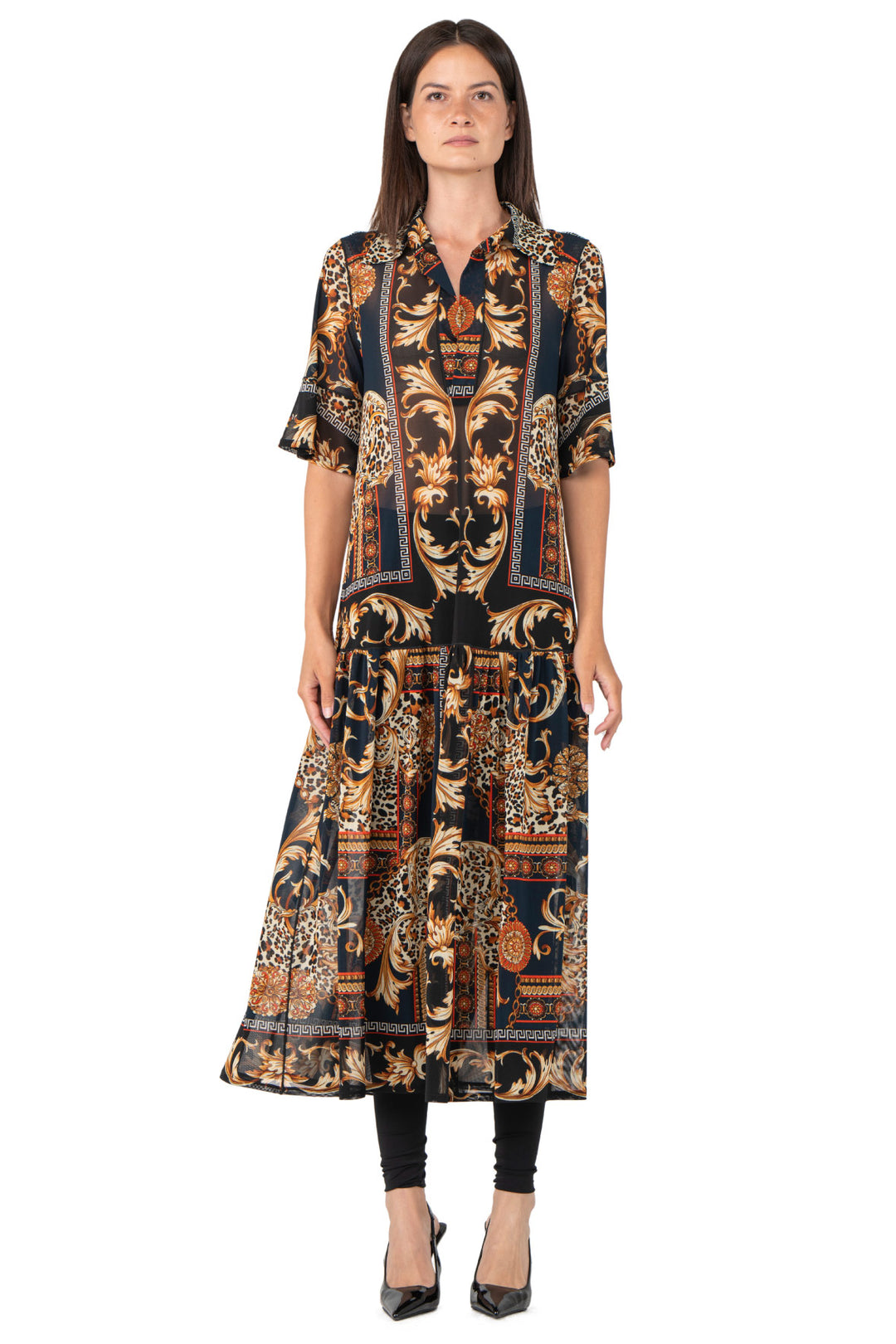 Elbow Sleeve Shirred Bottom Shirt Dress