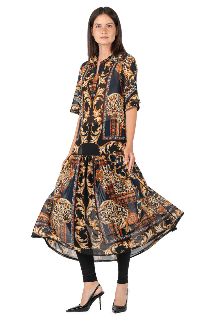 Elbow Sleeve Shirred Bottom Shirt Dress