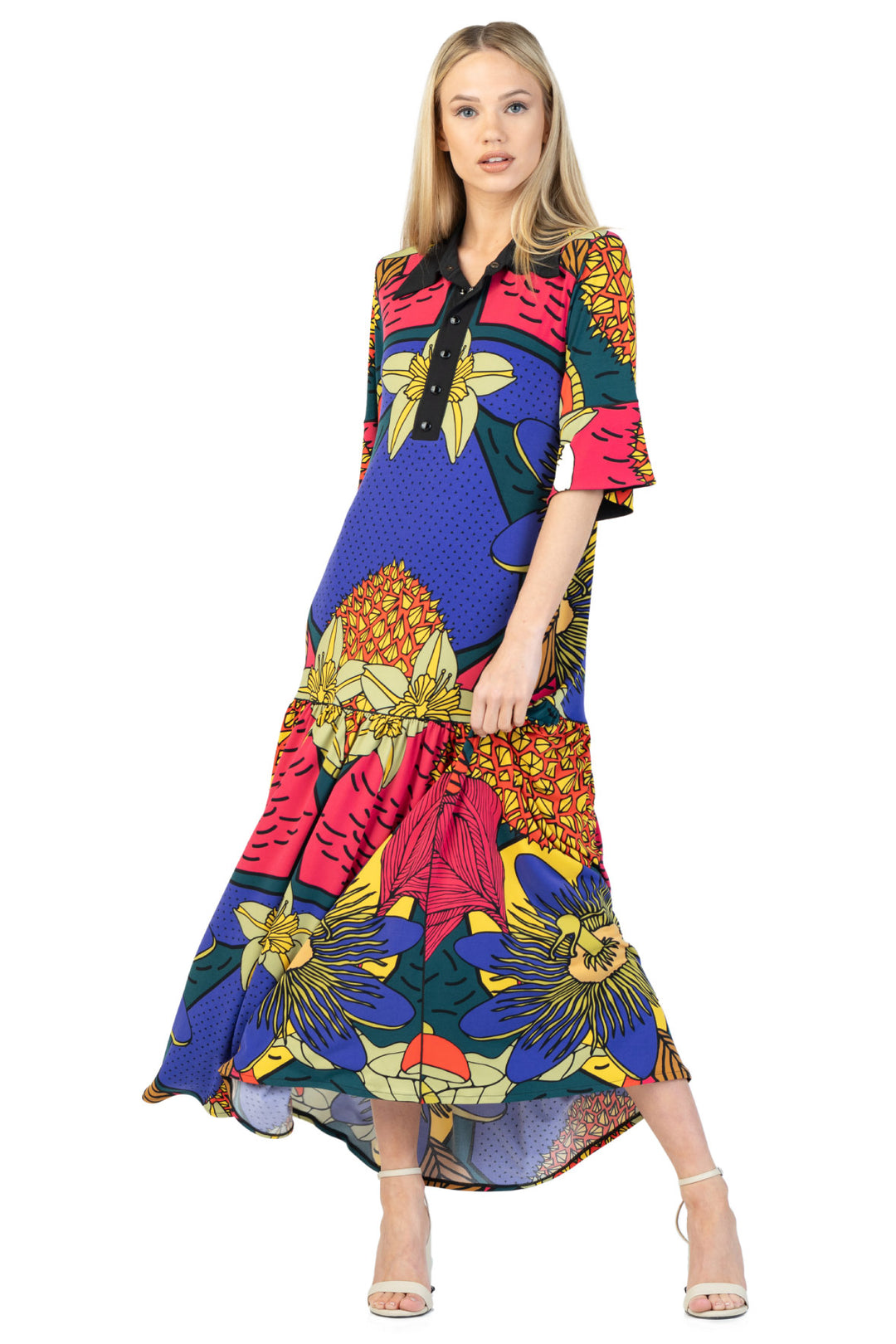 Elbow Sleeve Shirred Bottom Shirt Dress