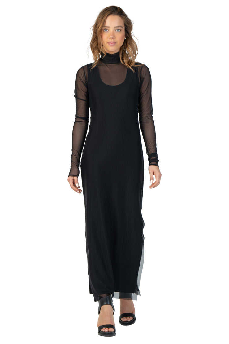 2 in 1 Mock Long Sleeve Slit Dress