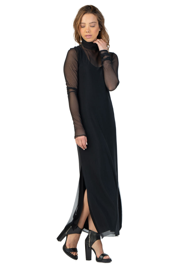 2 in 1 Mock Long Sleeve Slit Dress