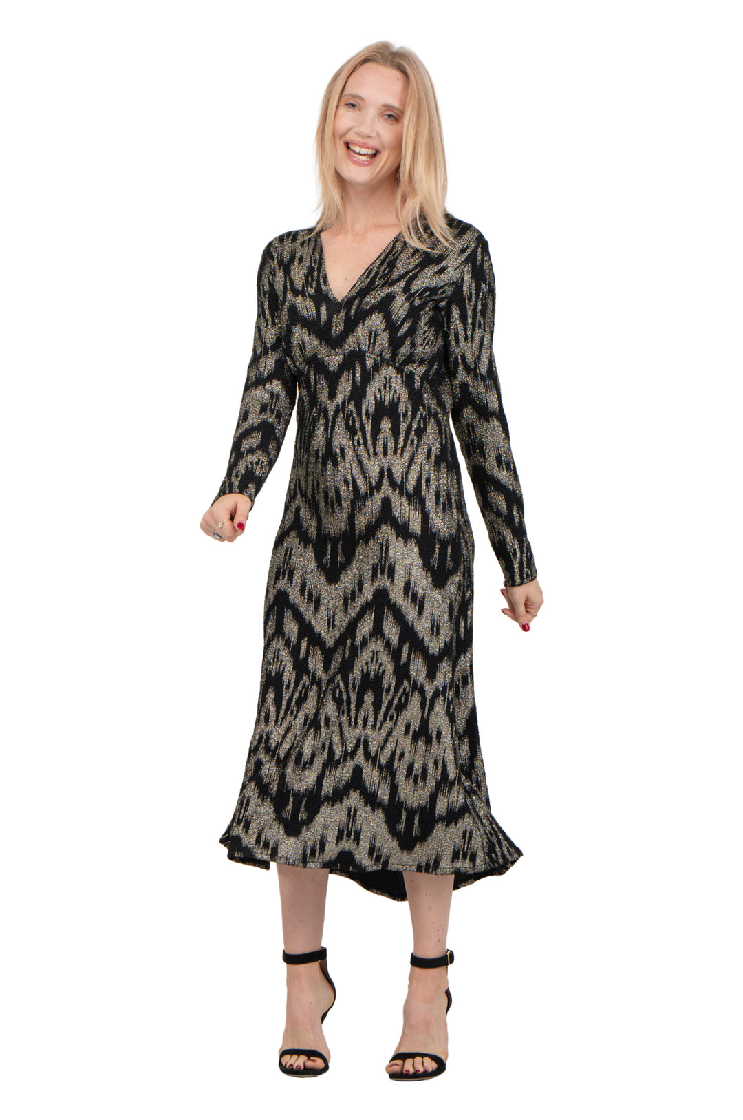 V Neck Empire Waist Long Sleeve Unlined Dress