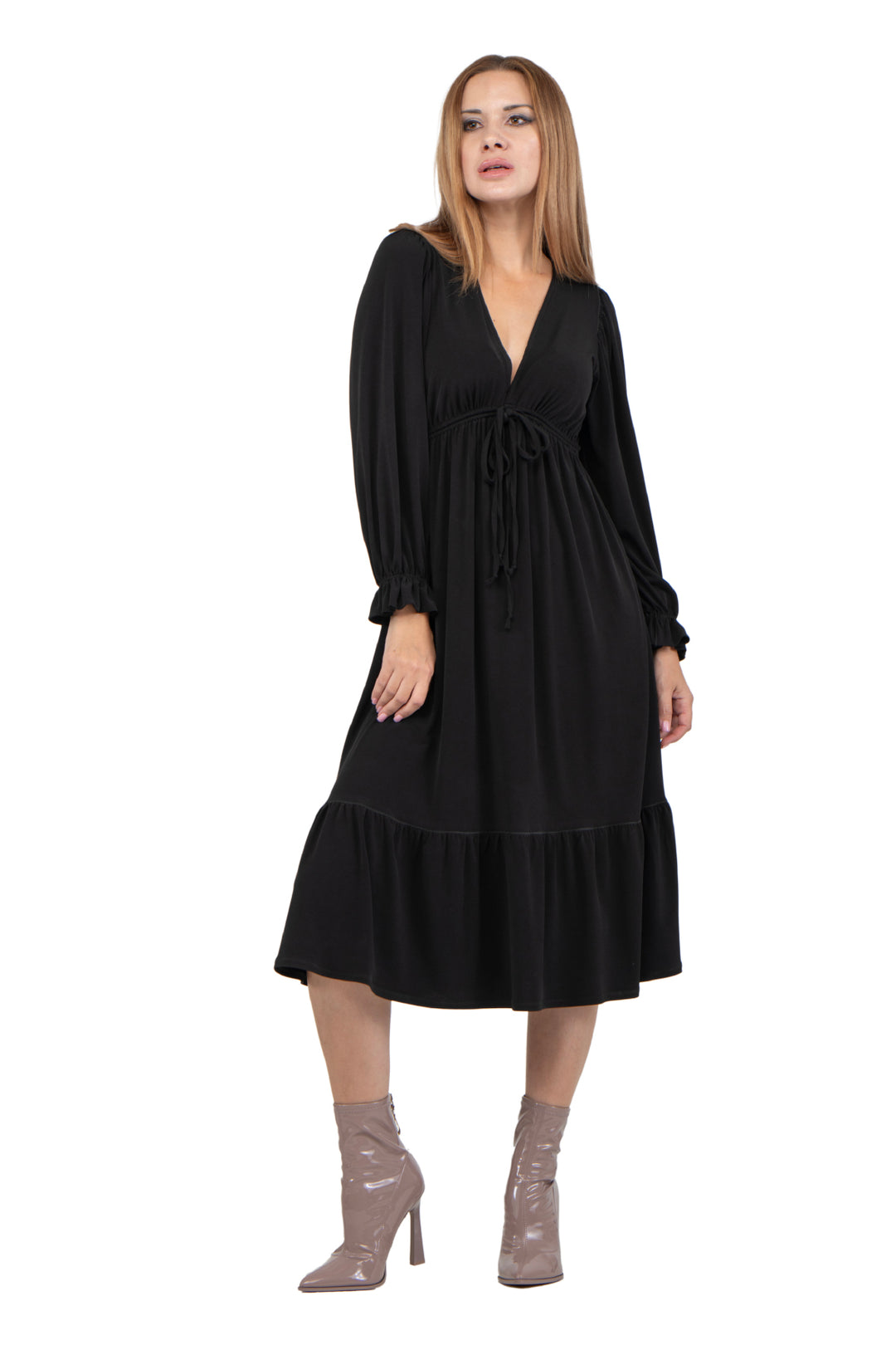 V Neck Blouson Long Sleeve Maxi Dress