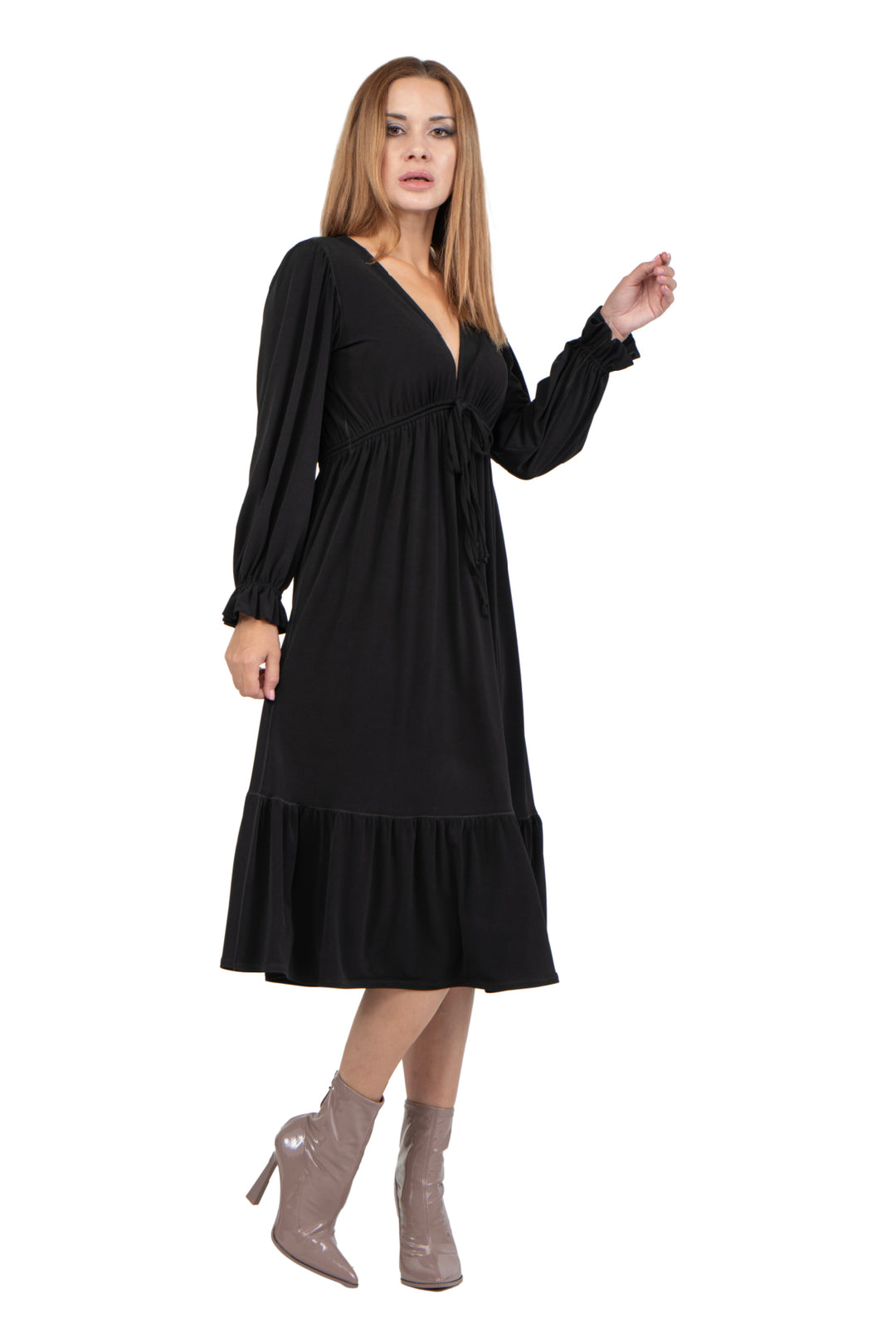 V Neck Blouson Long Sleeve Maxi Dress