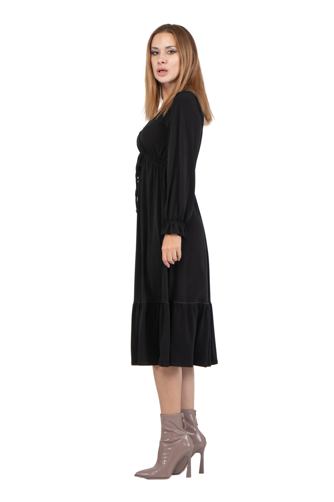 V Neck Blouson Long Sleeve Maxi Dress