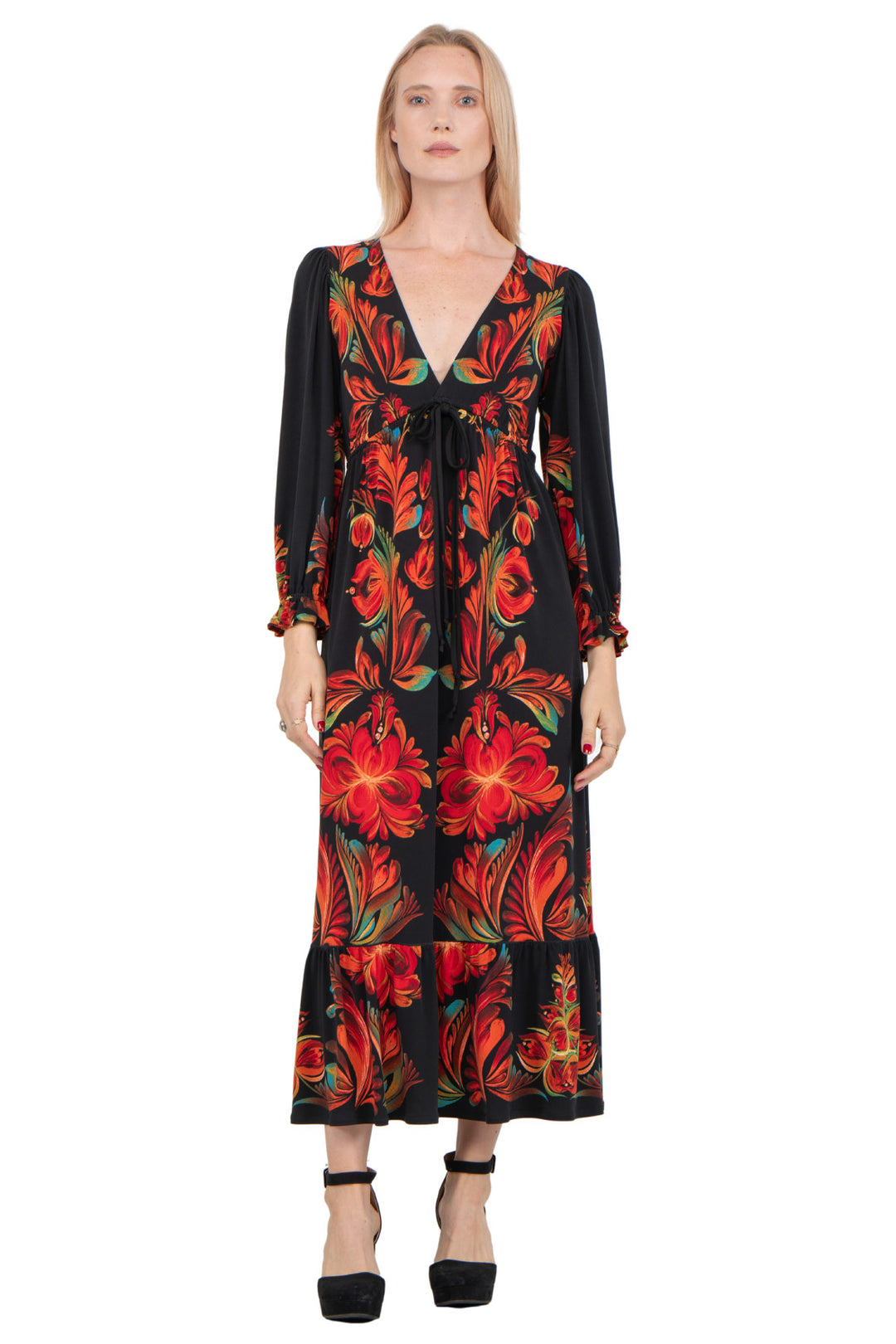 V Neck Blouson Long Sleeve Maxi Dress