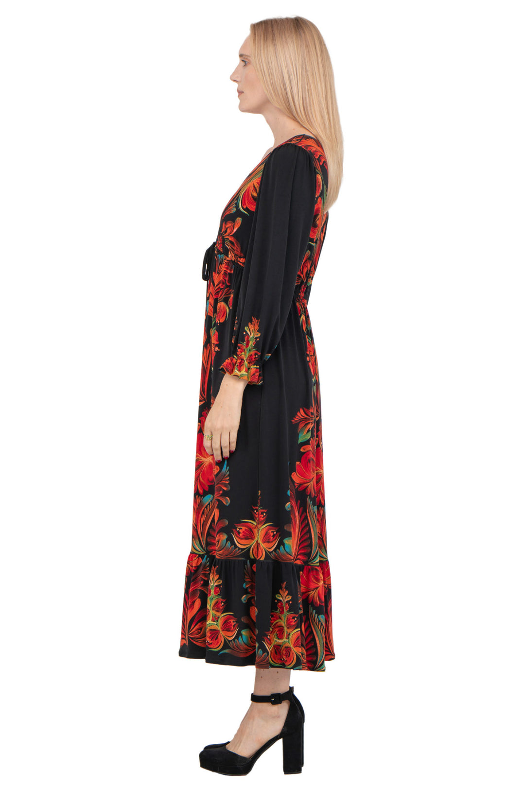 V Neck Blouson Long Sleeve Maxi Dress