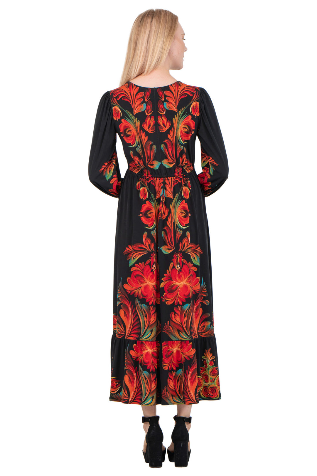 V Neck Blouson Long Sleeve Maxi Dress