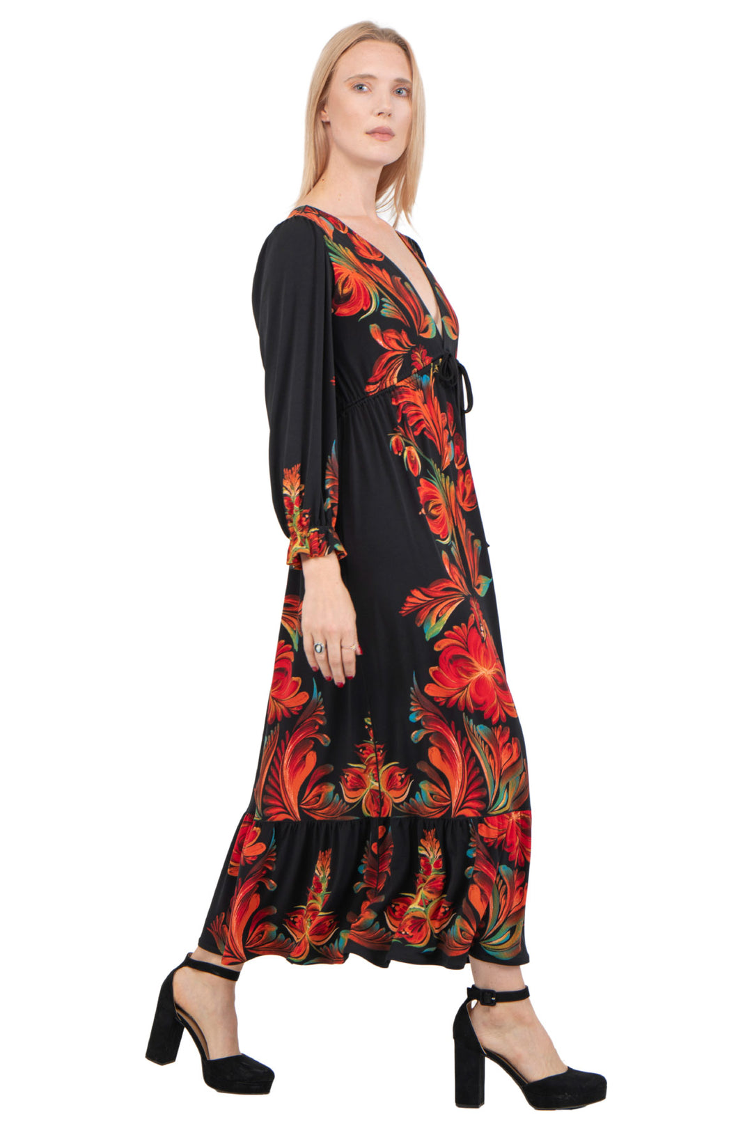 V Neck Blouson Long Sleeve Maxi Dress