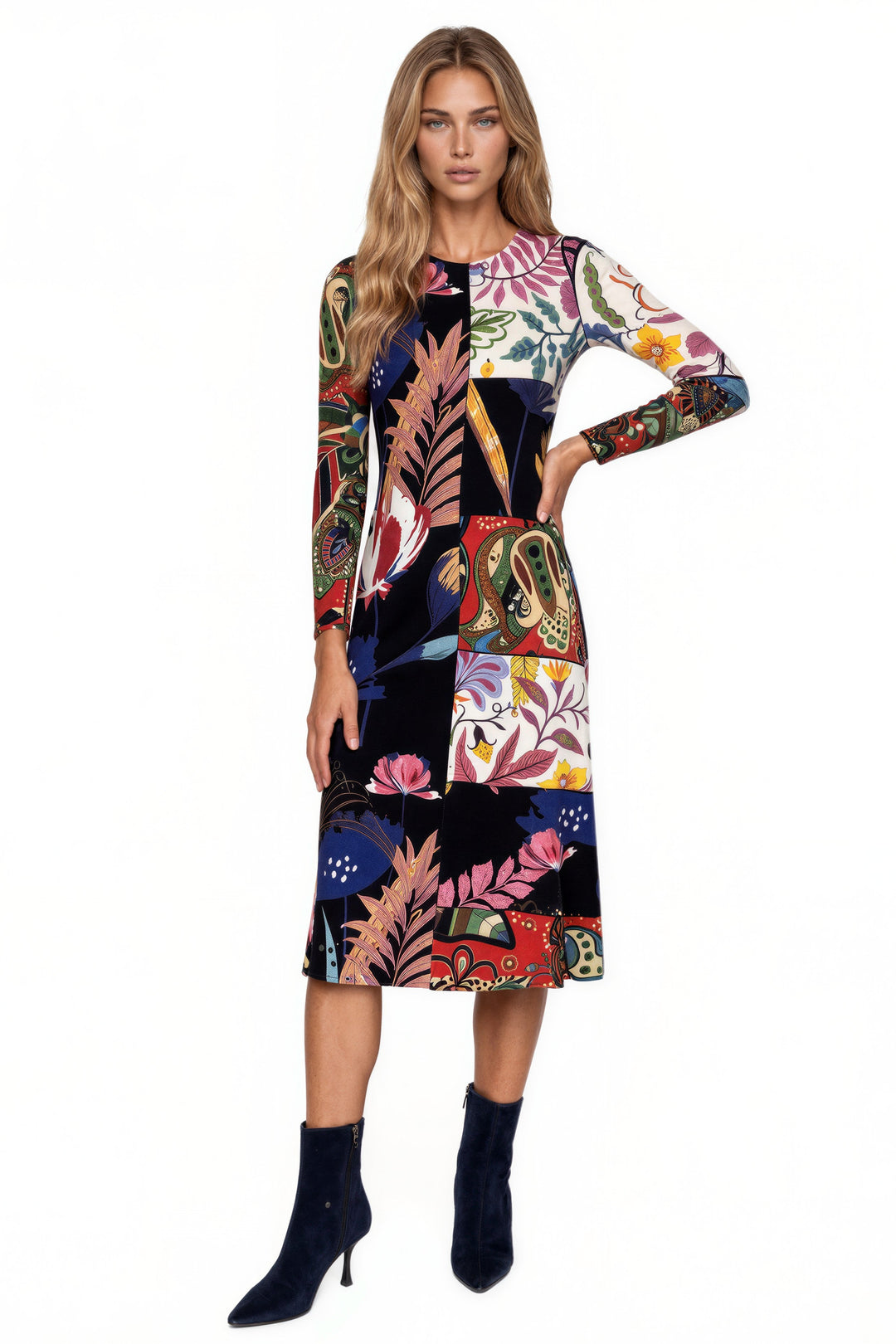 Long Sleeve A Line Sliced Mix Print Long Dress
