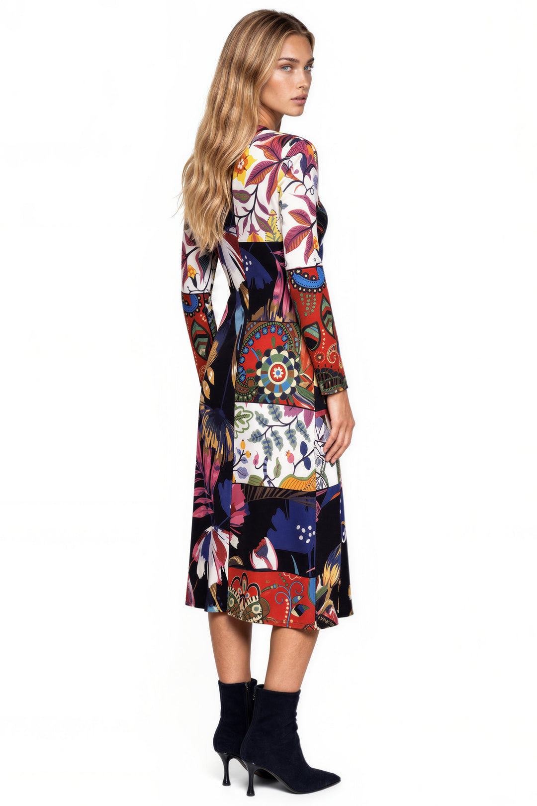 Long Sleeve A Line Sliced Mix Print Long Dress
