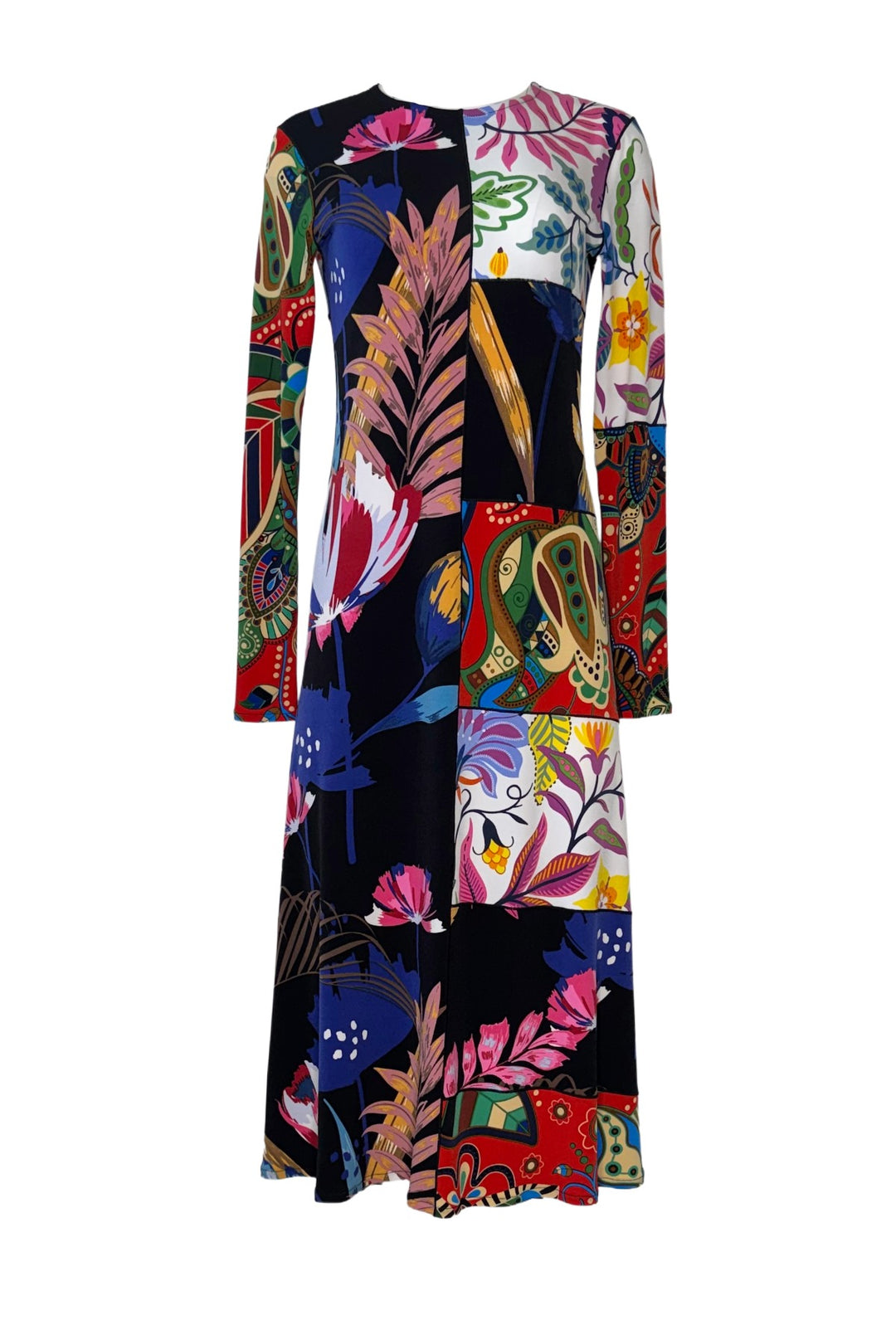 Long Sleeve A Line Sliced Mix Print Long Dress