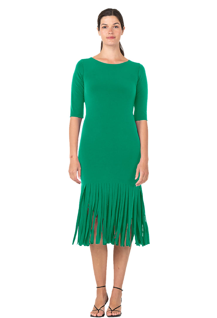 Below Knee Elbow SLV Skinny Fringe Dress