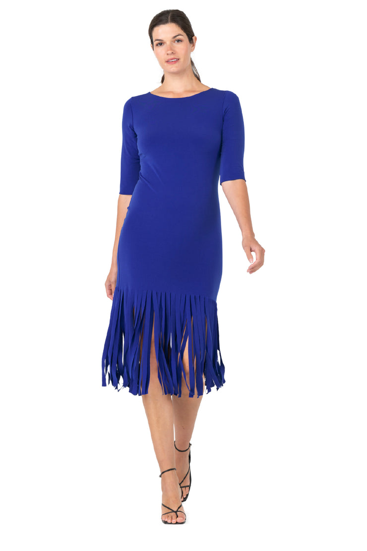 Below Knee Elbow SLV Skinny Fringe Dress