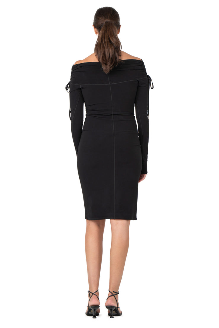 Ruched Off Shoulder Bodycon Below Knee Dress