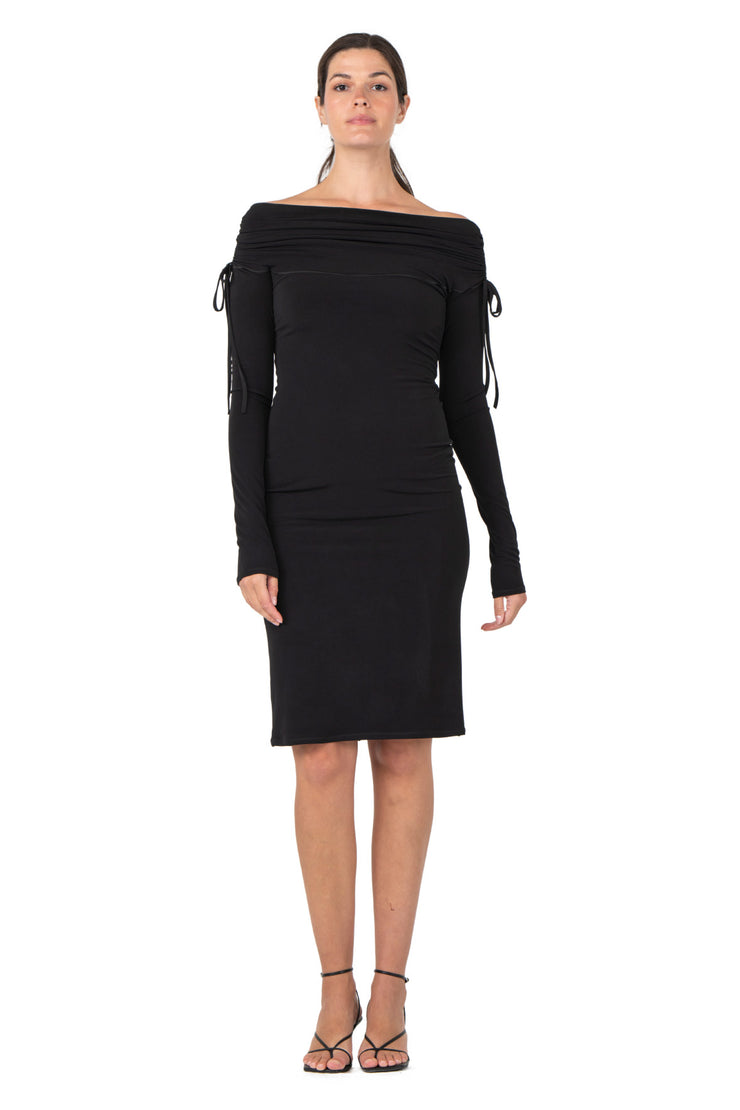 Ruched Off Shoulder Bodycon Below Knee Dress