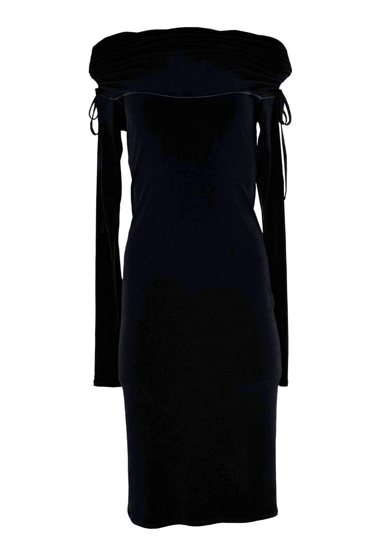Ruched Off Shoulder Bodycon Below Knee Dress