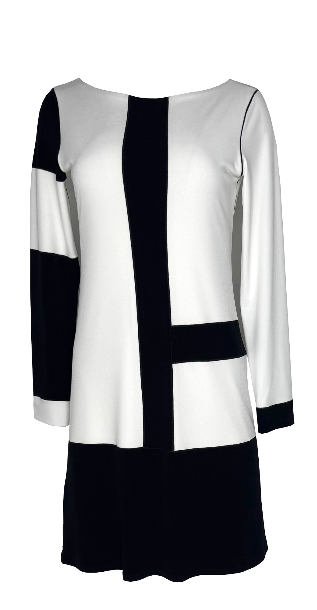Color Block Long Sleeve Boat Neck Knee Length Dress