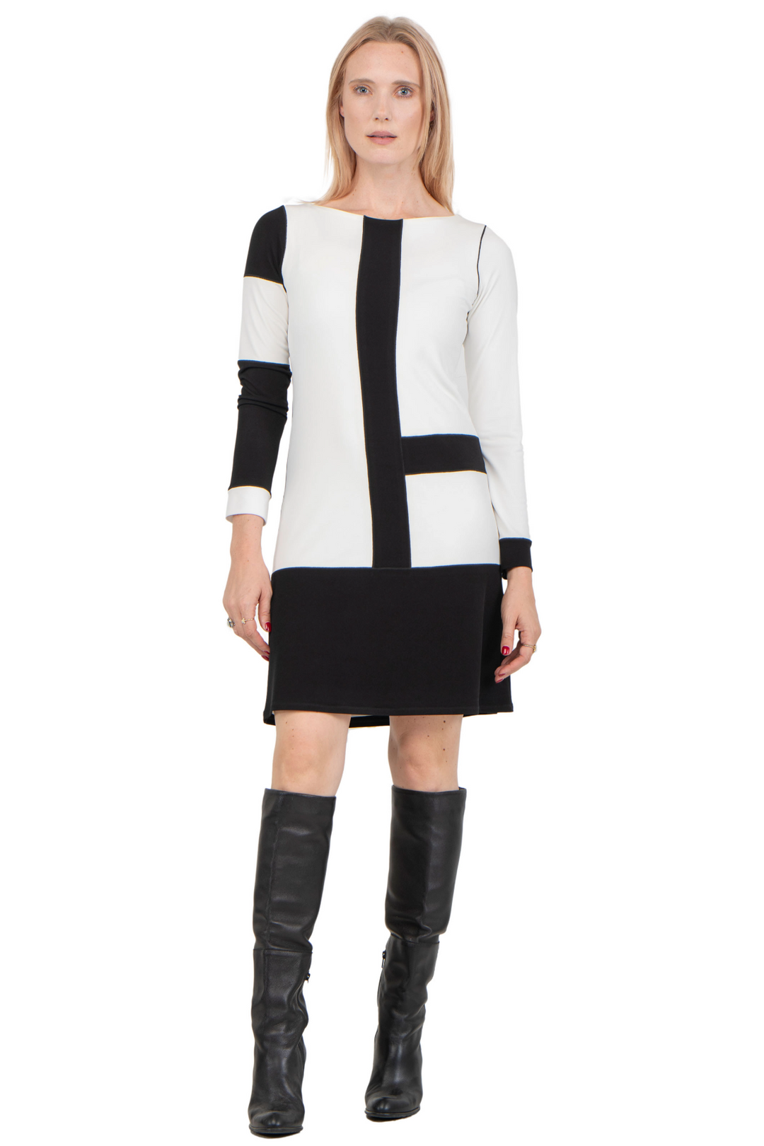 Color Block Long Sleeve Boat Neck Knee Length Dress