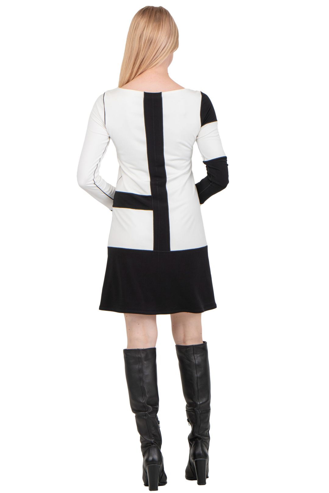 Color Block Long Sleeve Boat Neck Knee Length Dress