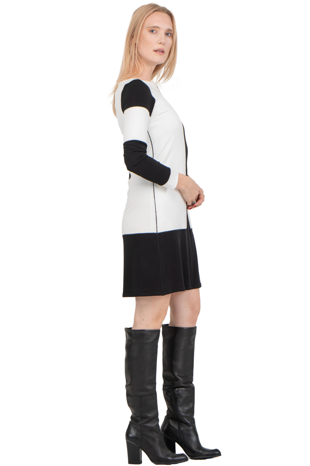 Color Block Long Sleeve Boat Neck Knee Length Dress