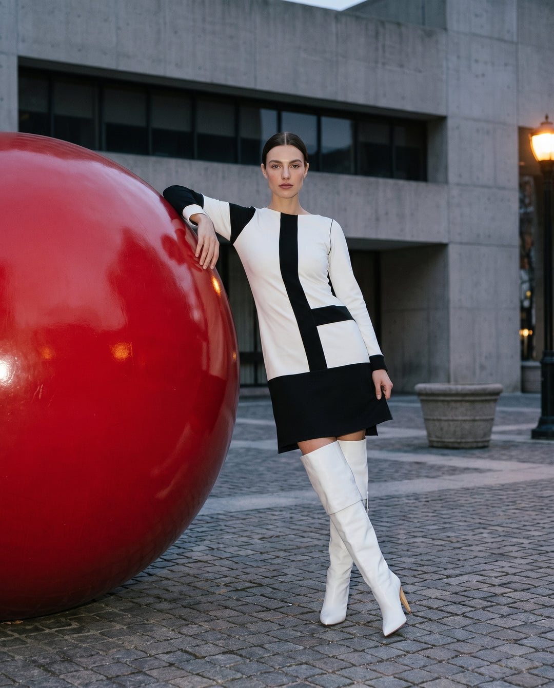 Color Block Long Sleeve Boat Neck Knee Length Dress