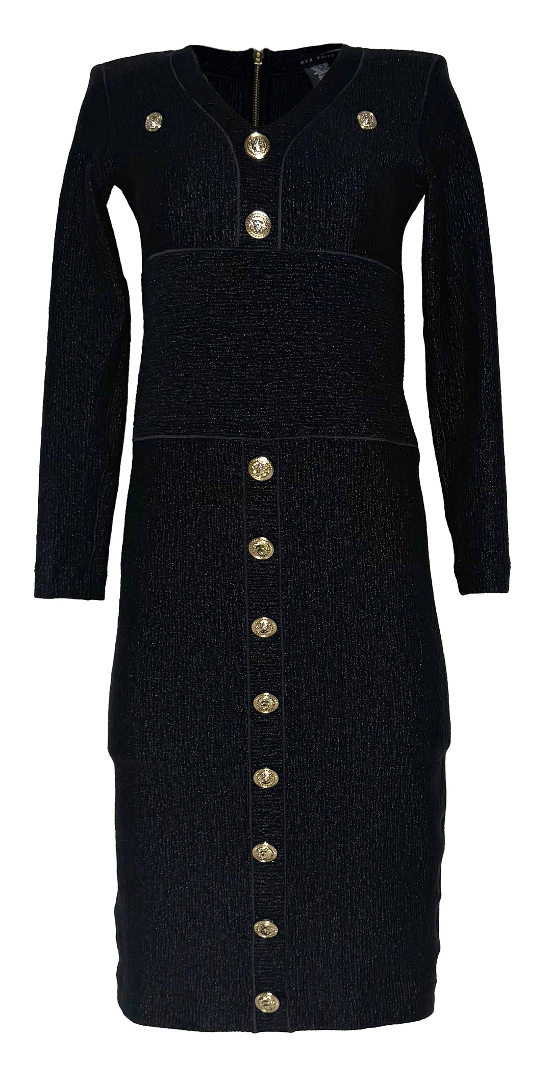 DECO ZIP BELOW KNEE LONG SLEEVE BUTTON DRESS