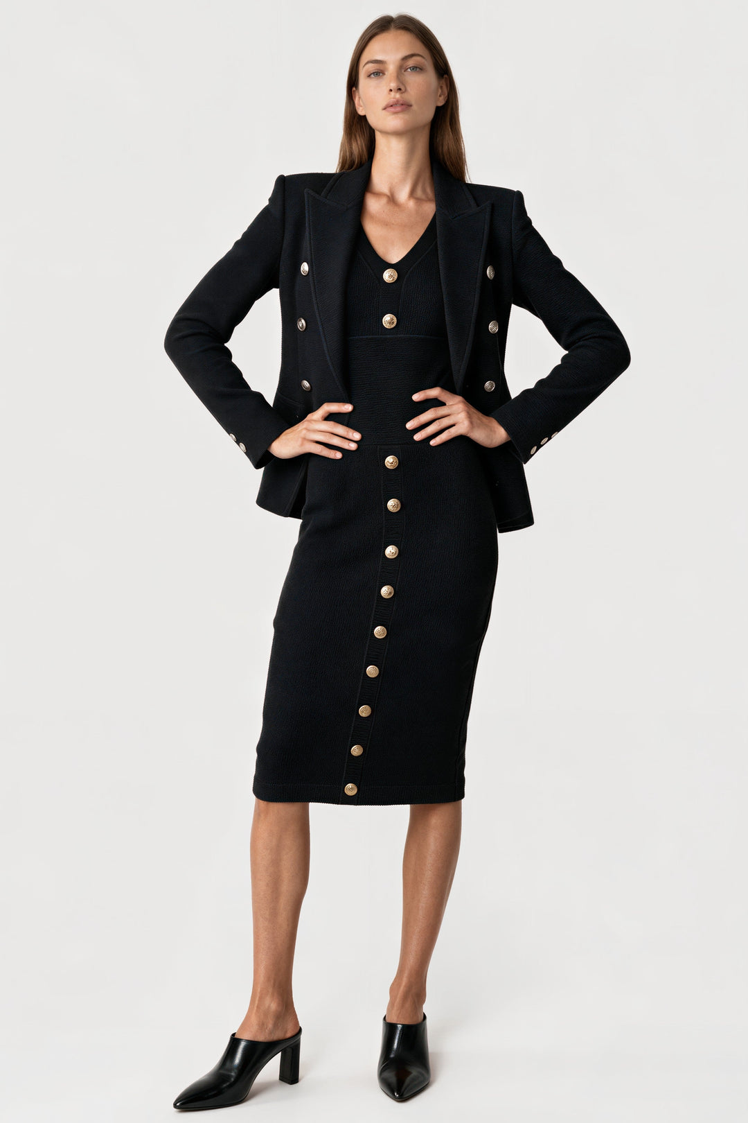 DECO ZIP BELOW KNEE LONG SLEEVE BUTTON DRESS