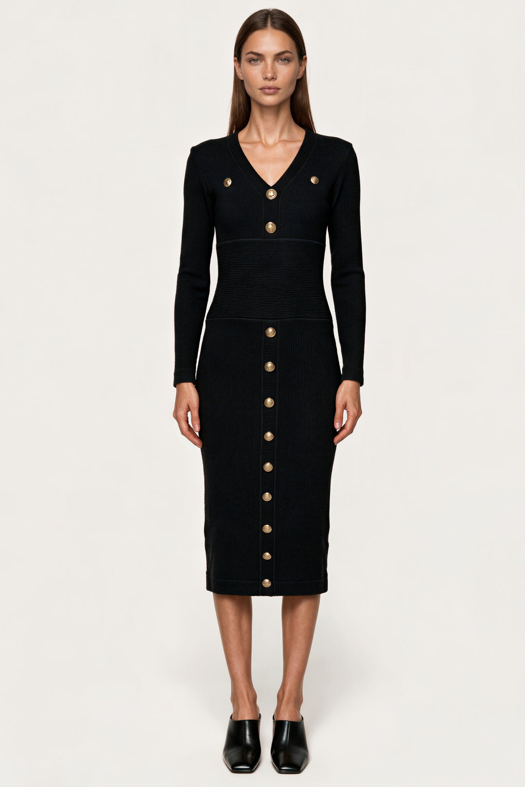 DECO ZIP BELOW KNEE LONG SLEEVE BUTTON DRESS