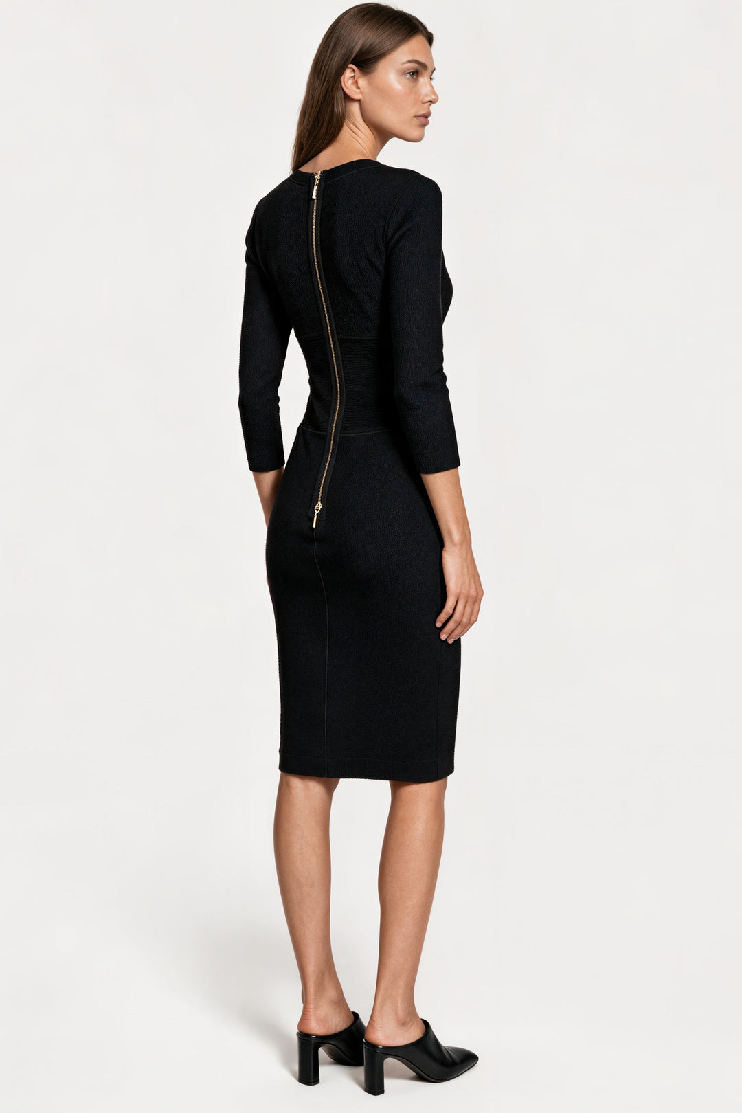 DECO ZIP BELOW KNEE LONG SLEEVE BUTTON DRESS