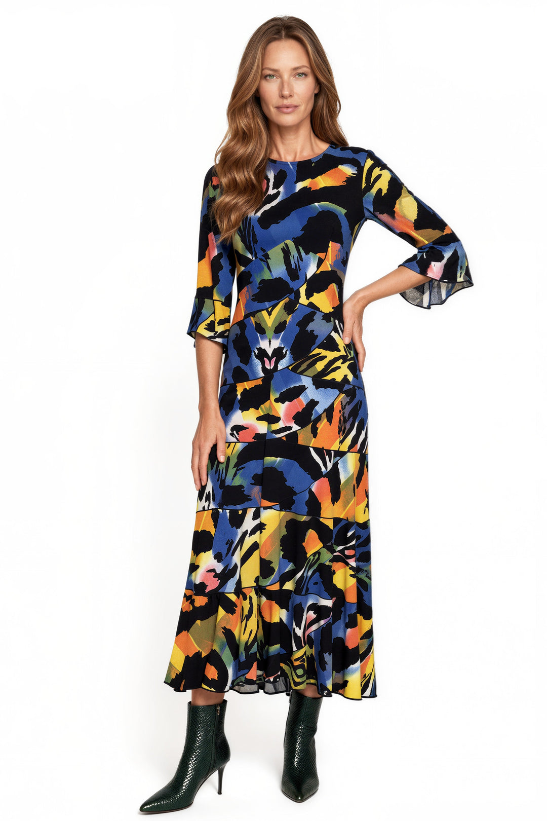 3/4 Sleeve Jewel Neck 6 Tier Hi-Low Hem Single Layer Dress