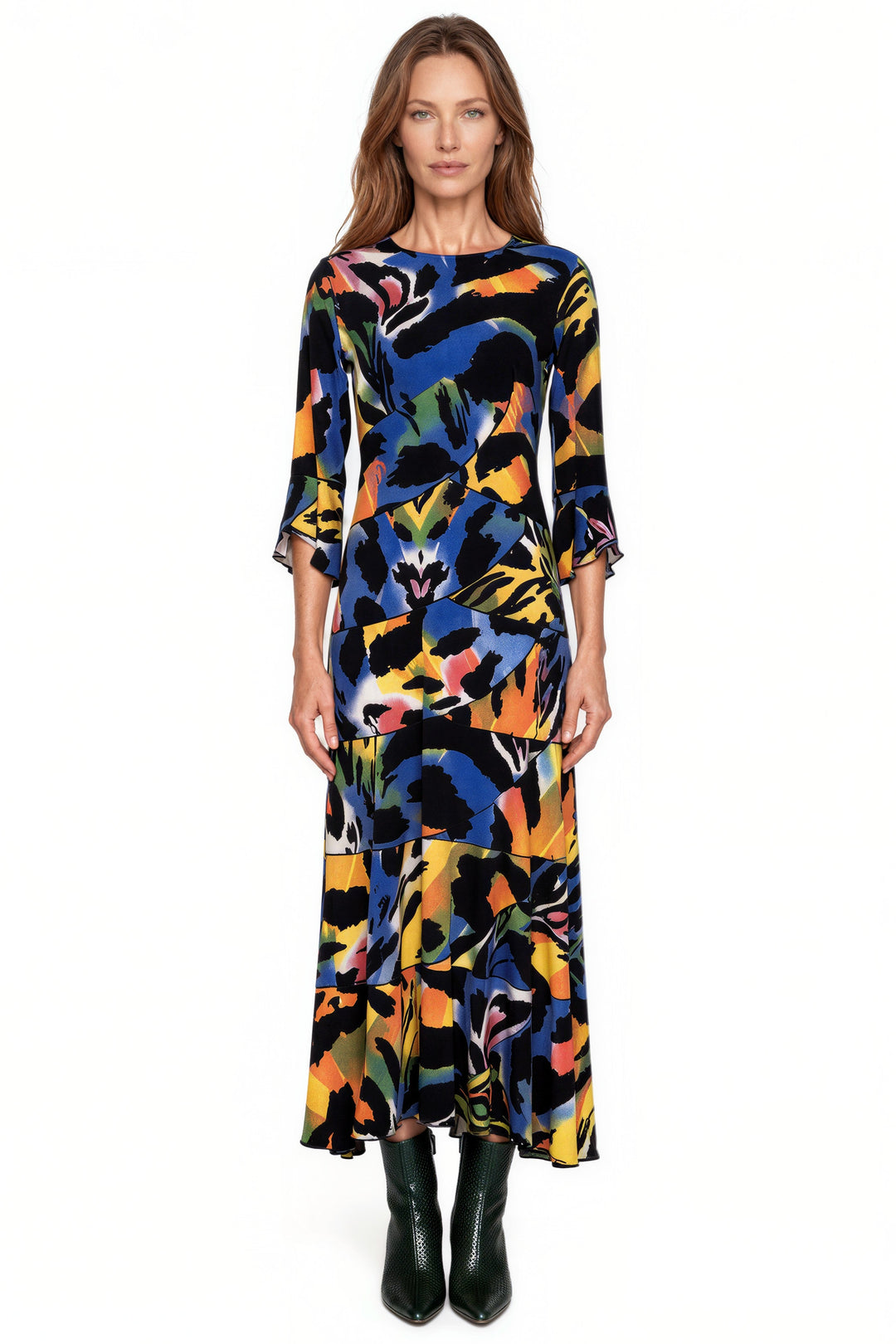 3/4 Sleeve Jewel Neck 6 Tier Hi-Low Hem Single Layer Dress