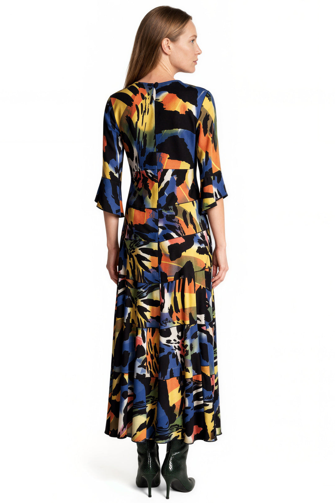 3/4 Sleeve Jewel Neck 6 Tier Hi-Low Hem Single Layer Dress
