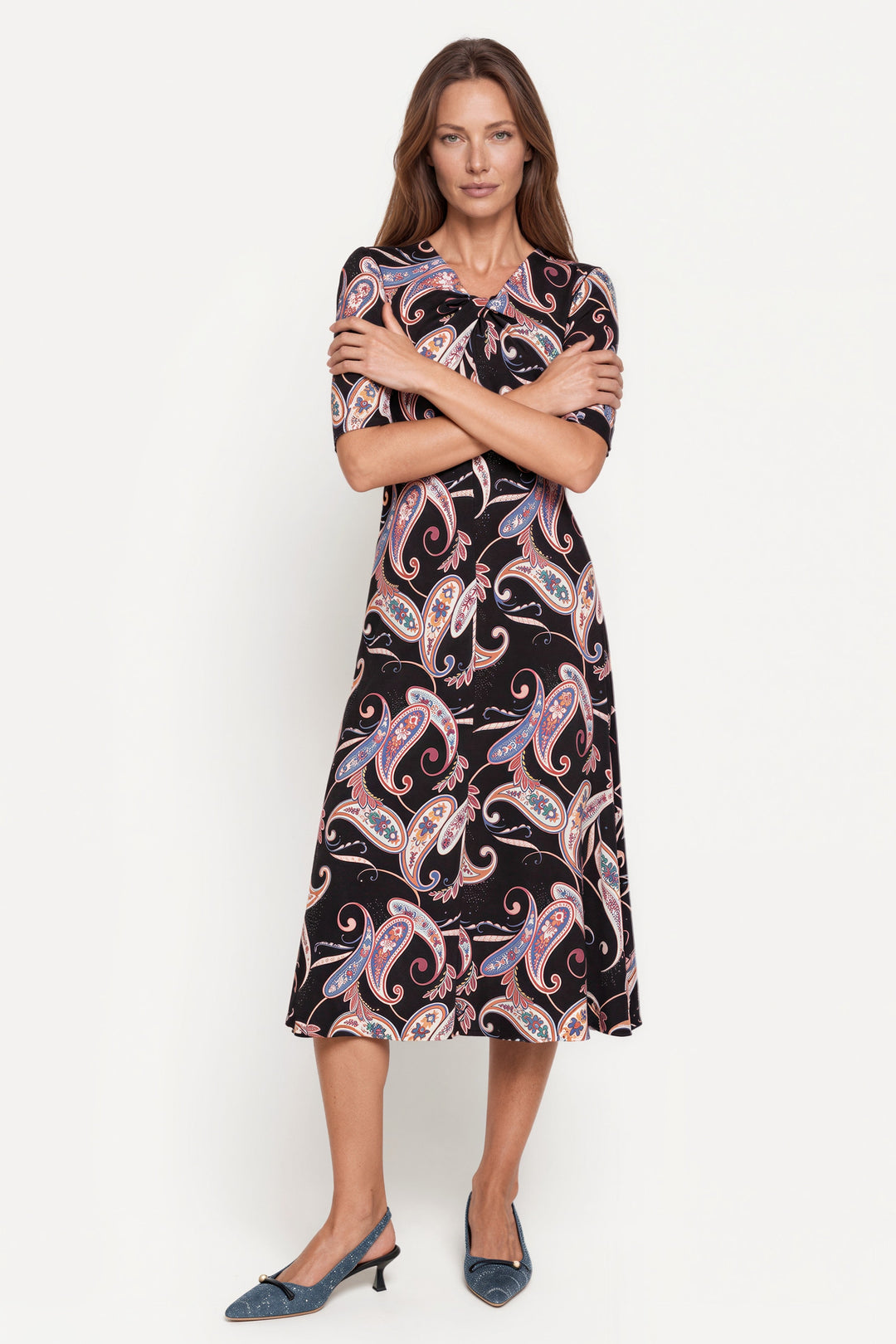 Elbow Sleeve Knot Detailed V Neck Midi Unlined Dress