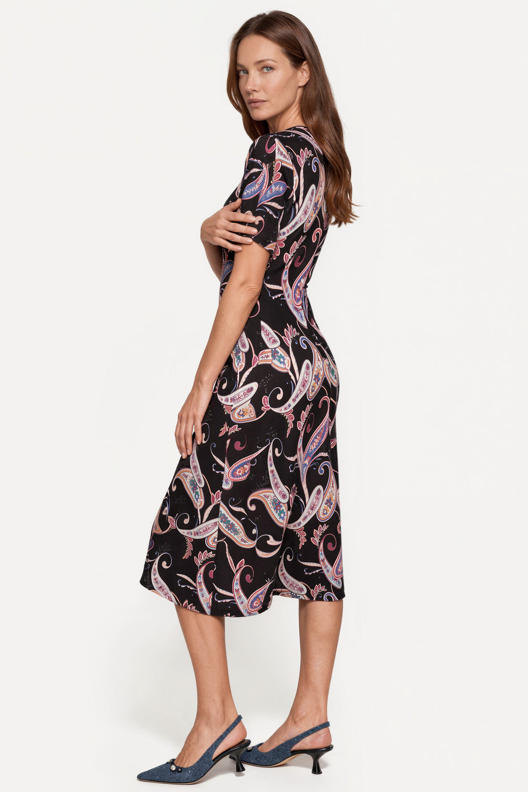 Elbow Sleeve Knot Detailed V Neck Midi Unlined Dress
