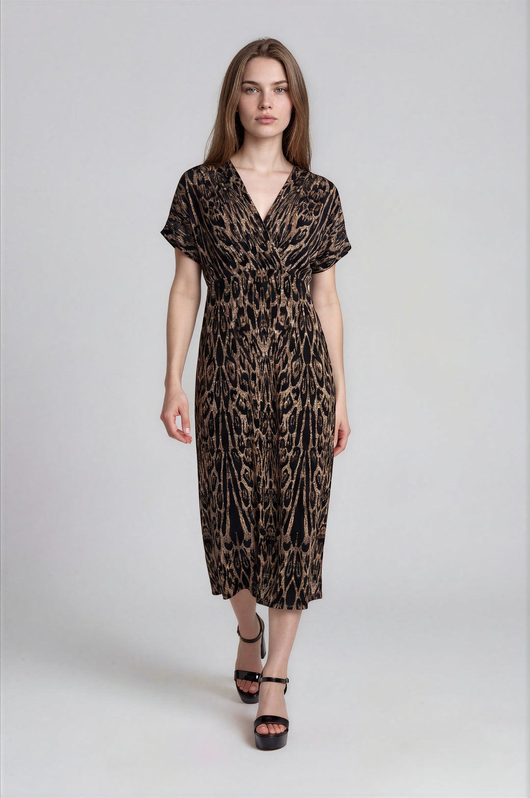 HIGH ELASTIC WAIST KIMONO SLVEEVE MIDI DRESS