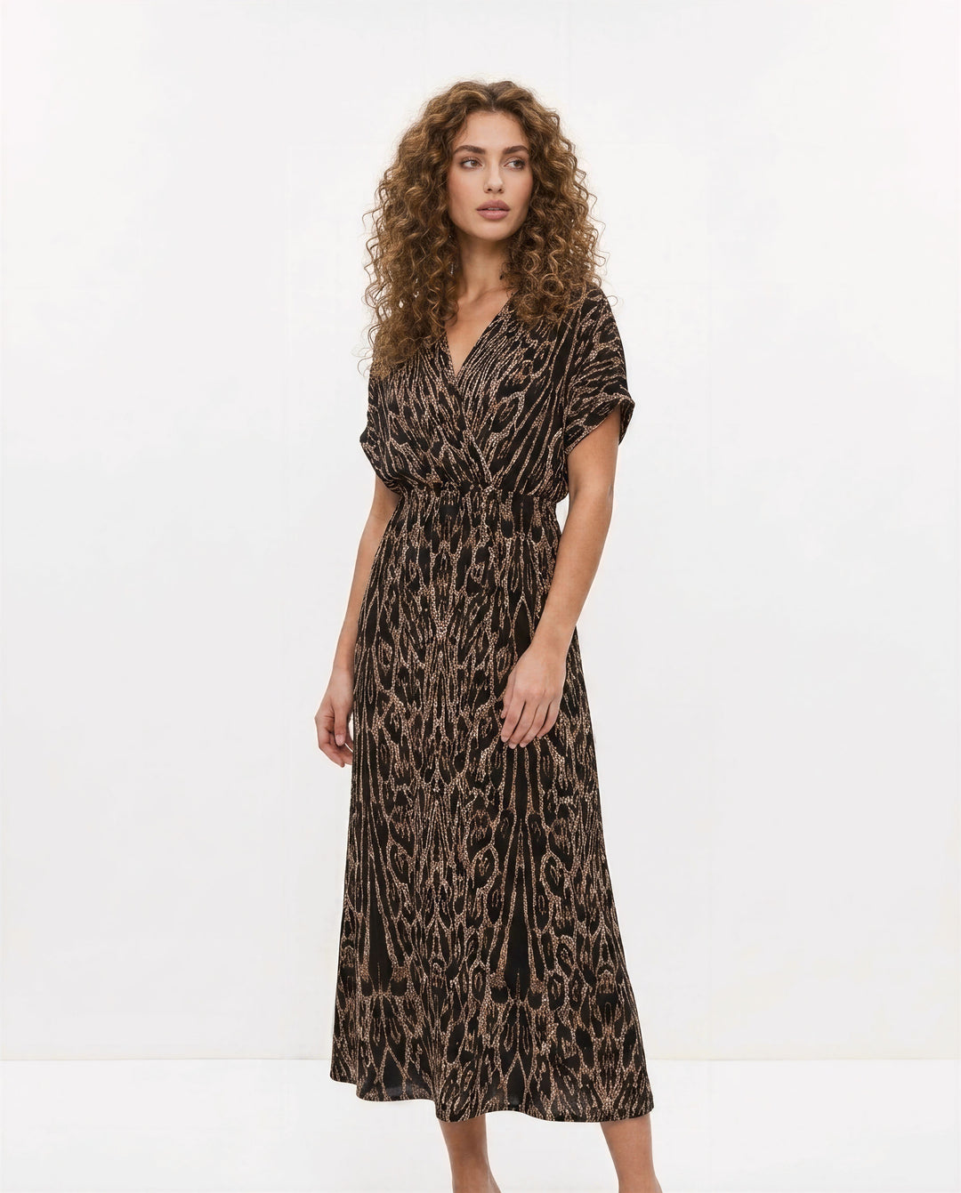HIGH ELASTIC WAIST KIMONO SLVEEVE MIDI DRESS