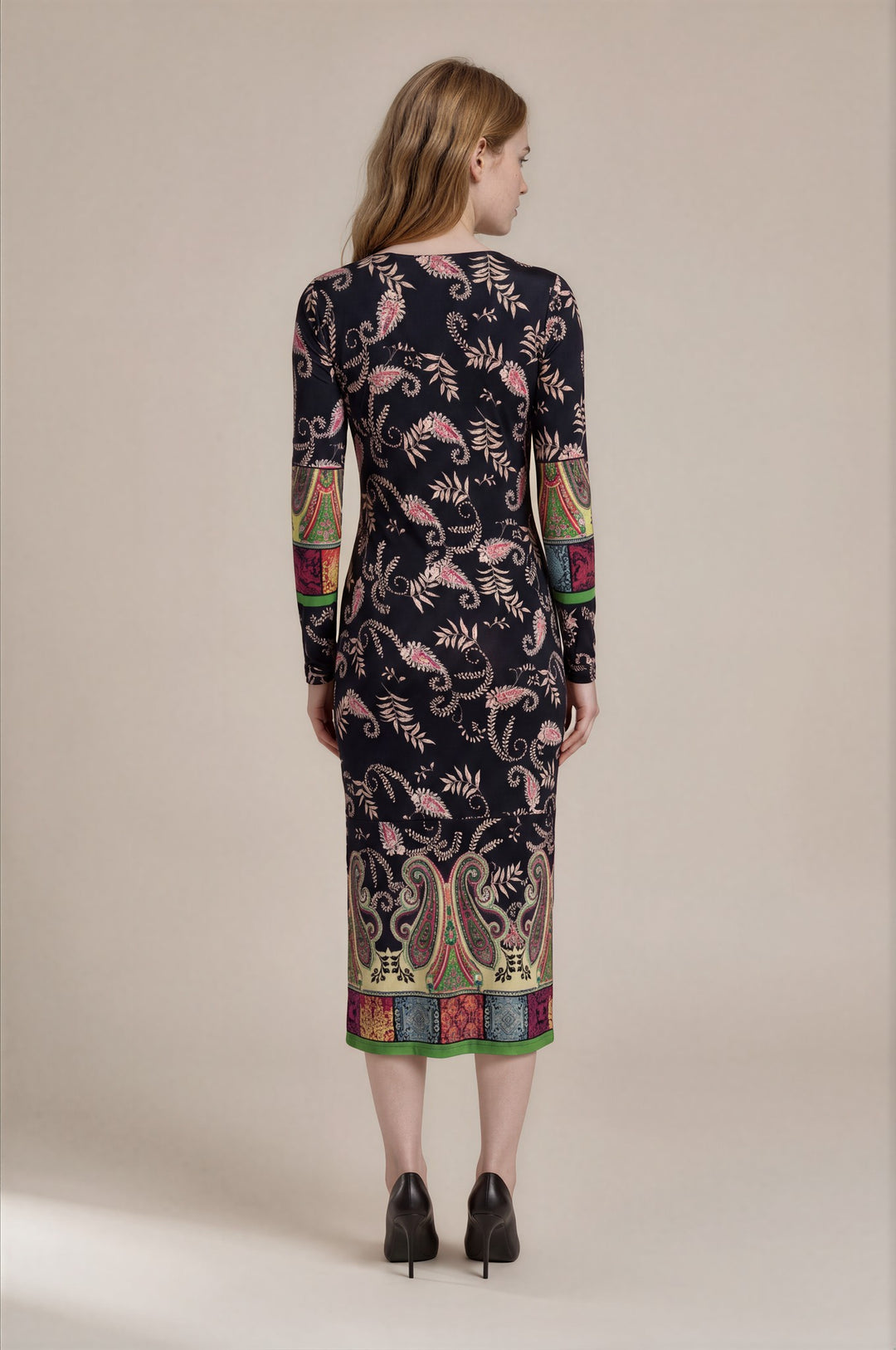 SIDE SLIT STRAIGHT 3/4 SLEEVE CALF LENGTH DRESS