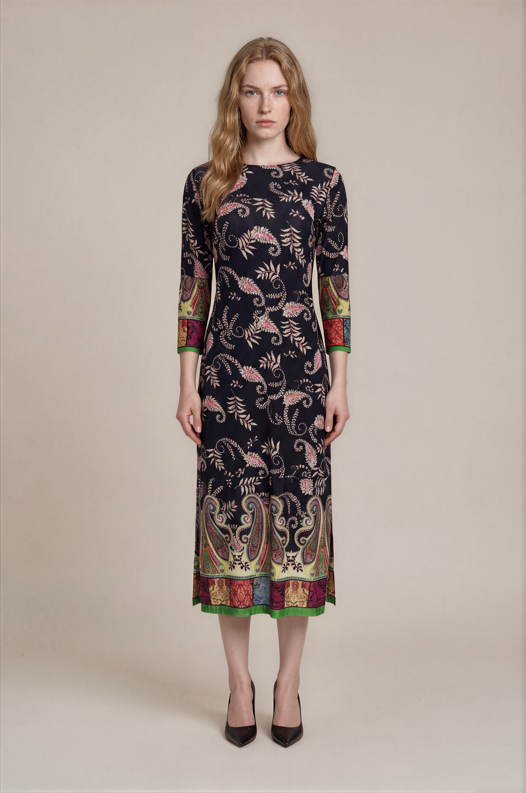 SIDE SLIT STRAIGHT 3/4 SLEEVE CALF LENGTH DRESS