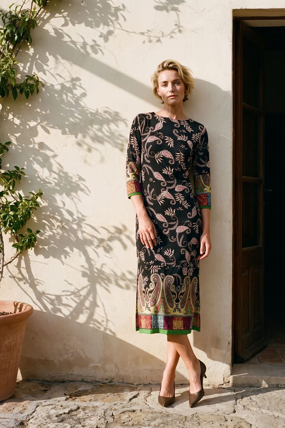 SIDE SLIT STRAIGHT 3/4 SLEEVE CALF LENGTH DRESS
