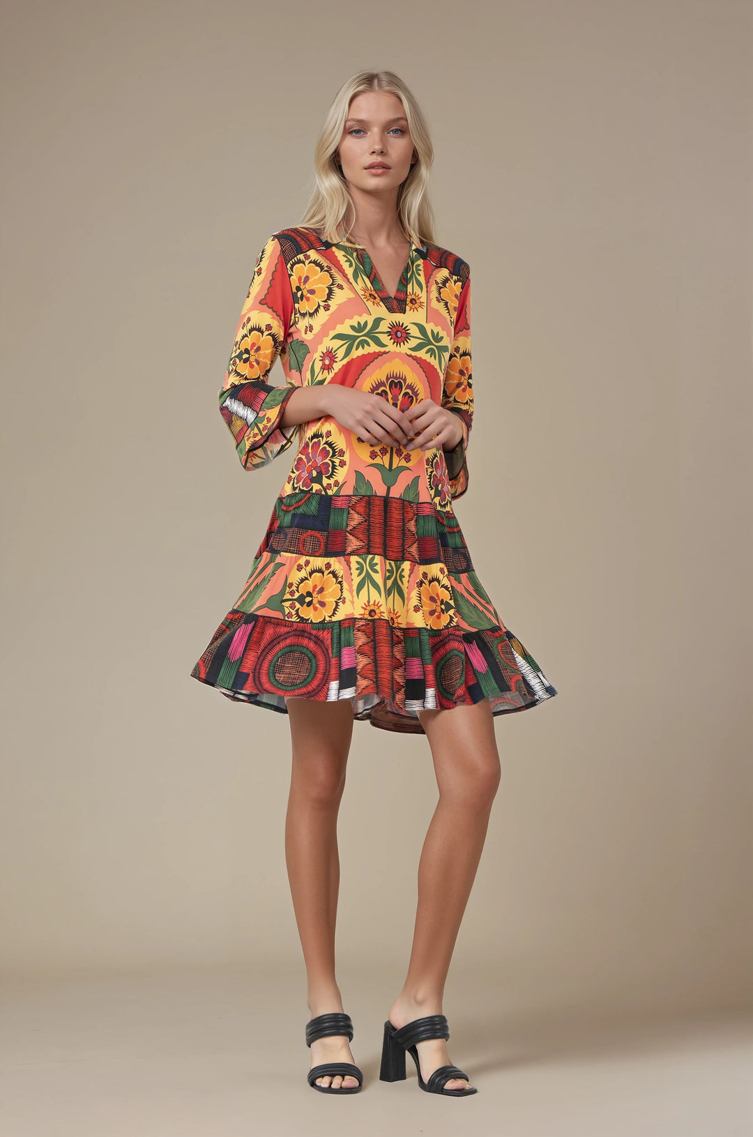 3 Tier Shoulder Yoke Ruffle Sleeve Dress