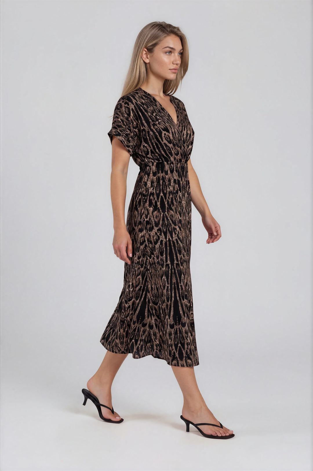 HIGH ELASTIC WAIST KIMONO SLVEEVE MIDI DRESS
