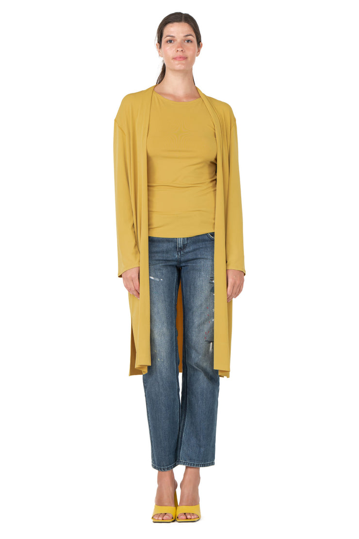 Side Slits Raw Hem Mid Calf Cardigan