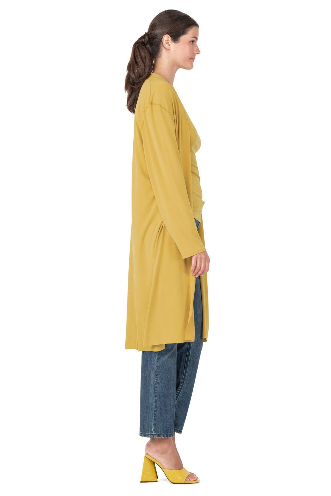 Side Slits Raw Hem Mid Calf Cardigan