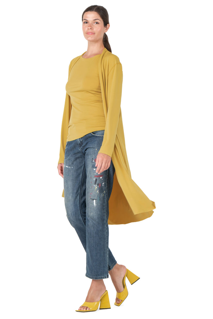 Side Slits Raw Hem Mid Calf Cardigan