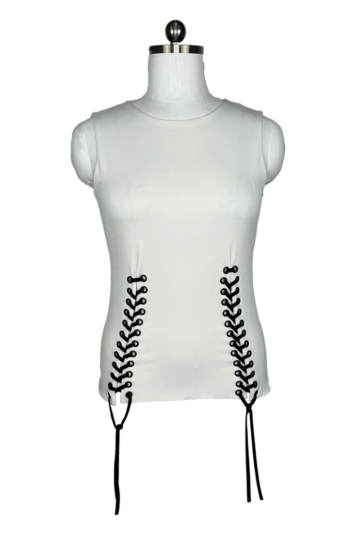 Sleeveless scoop neck lace up top