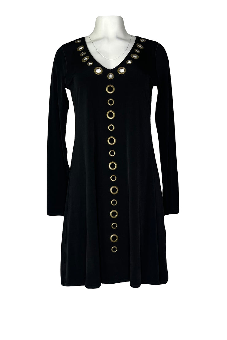 V neck grommet detailed long sleeve A line knee length dress